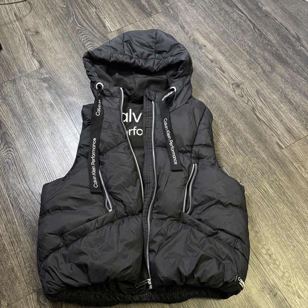 Calvin Klein Performance Black Hooded Puffer Vest Size M Water Repellent